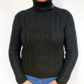 Chunky Black Cable Cashmere Polo Neck Jumper Large