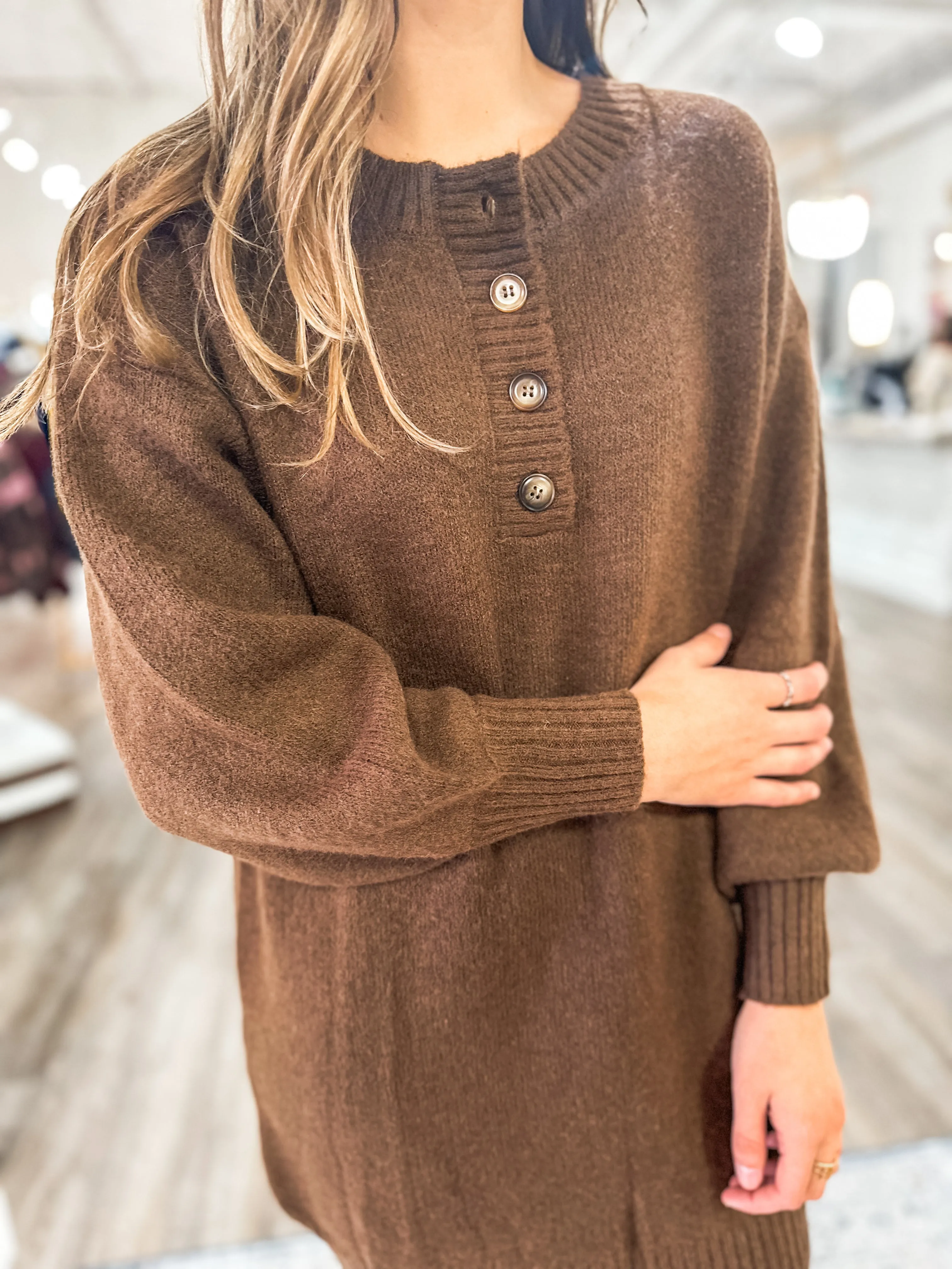 Coffee Bean Half Button Long Sleeve Mini Sweater Dress