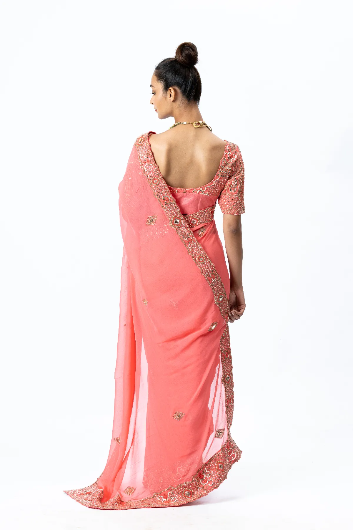 Coral Hand-embroidered Sari paired with Hand-embroidered Blouse and Petticoat