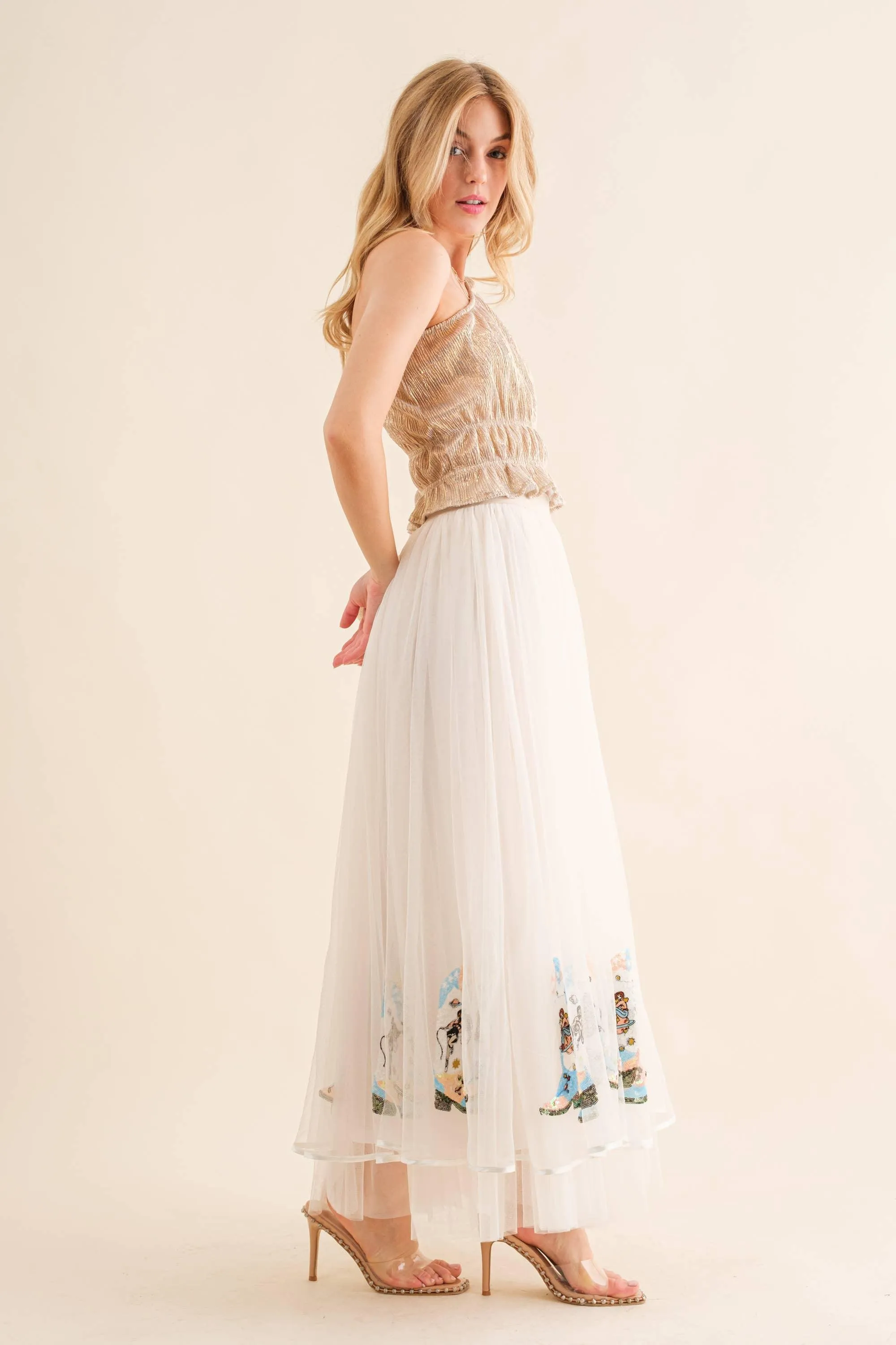 Cowgirl Boots Sequin Embellished Maxi Skirt