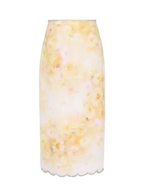 Crush Scalloped Midi Skirt (Yellow Floral)