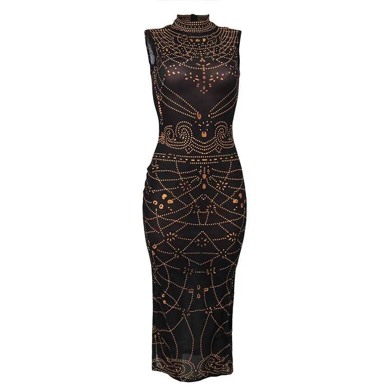 Digital Print Sleeveless Maxi Bodycon Dress