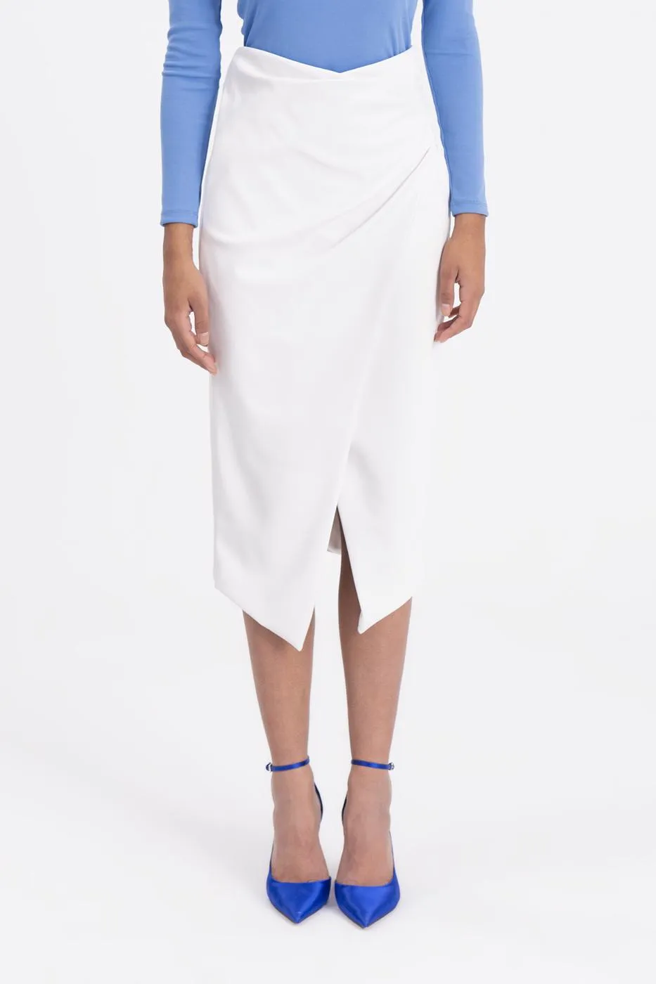 Ecru Draped Faux Leather Midi Skirt