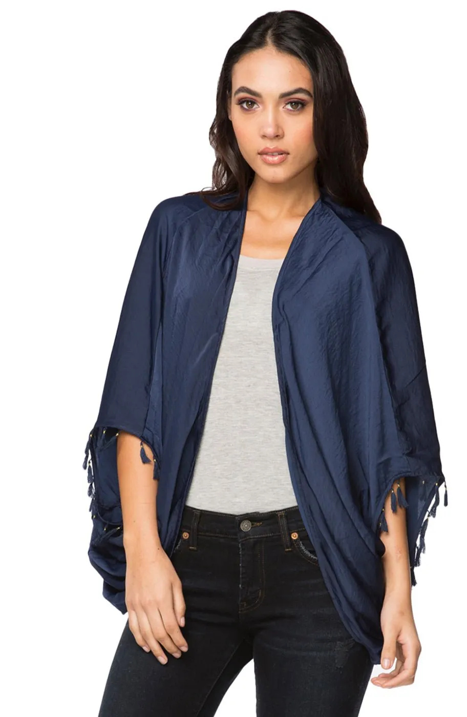 Feel the Sun Print and Solid Tassel Kimono Jacket