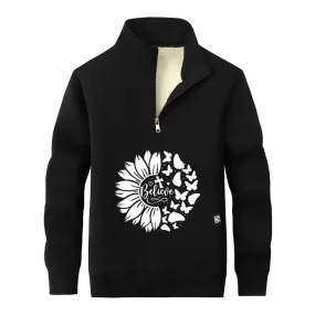 Flower Butterfly Believe Cross Stand Collar Zip Fleece Sweatshirt
