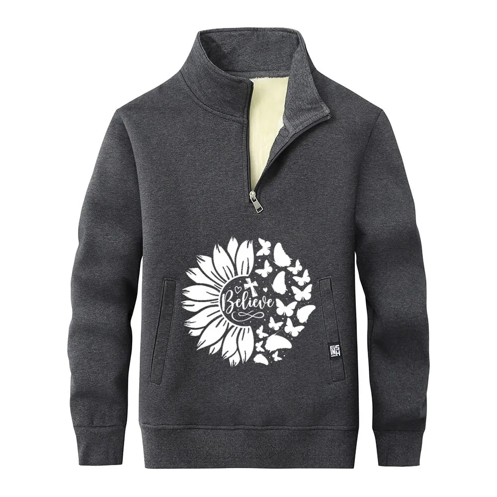 Flower Butterfly Believe Cross Stand Collar Zip Fleece Sweatshirt