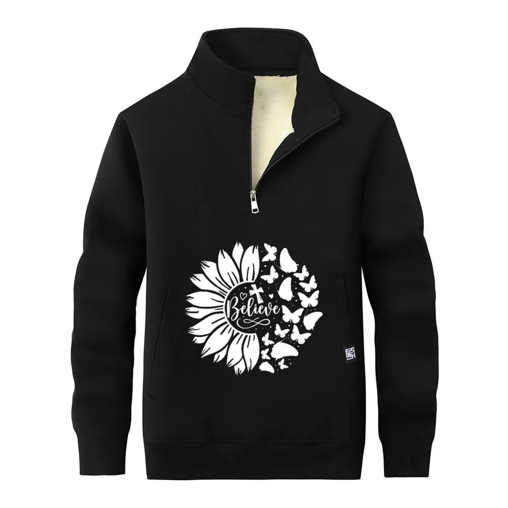 Flower Butterfly Believe Cross Stand Collar Zip Fleece Sweatshirt