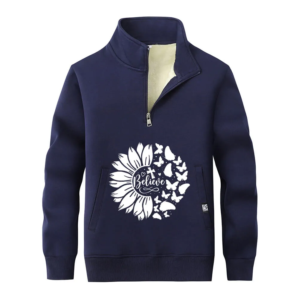 Flower Butterfly Believe Cross Stand Collar Zip Fleece Sweatshirt