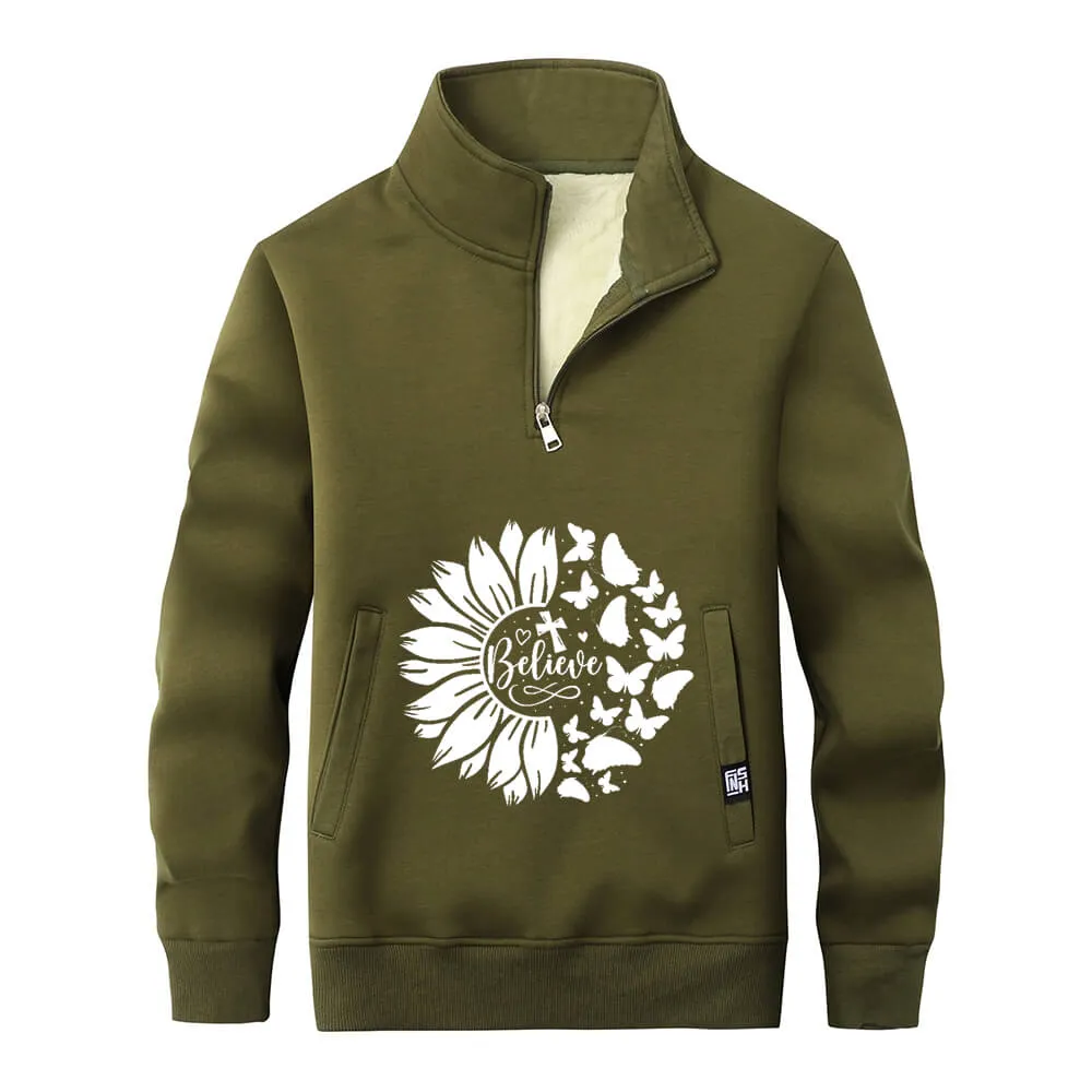 Flower Butterfly Believe Cross Stand Collar Zip Fleece Sweatshirt