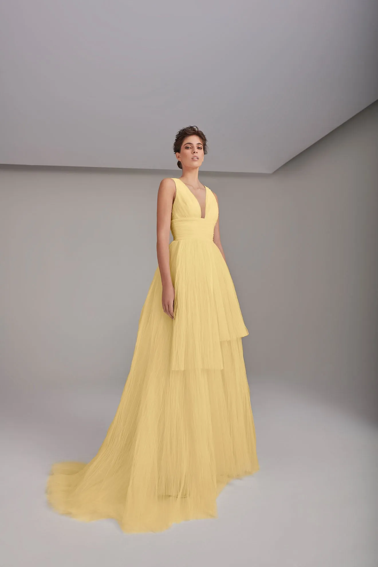 Flowy V-Neckline Layered Tulle Wedding Gown