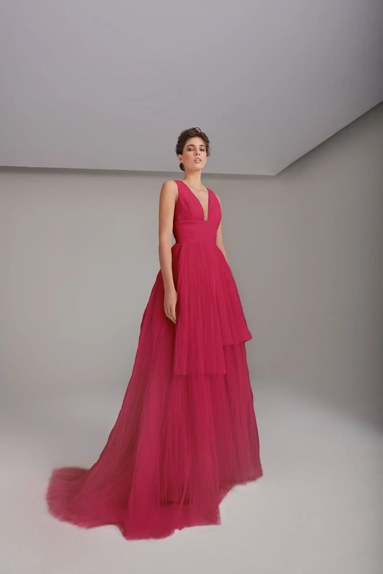 Flowy V-Neckline Layered Tulle Wedding Gown