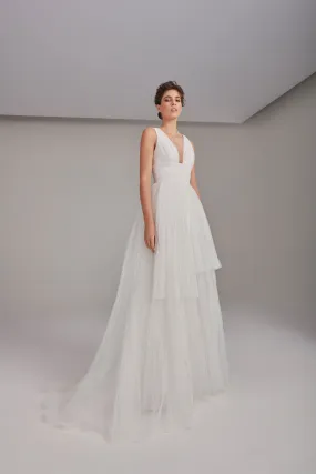 Flowy V-Neckline Layered Tulle Wedding Gown