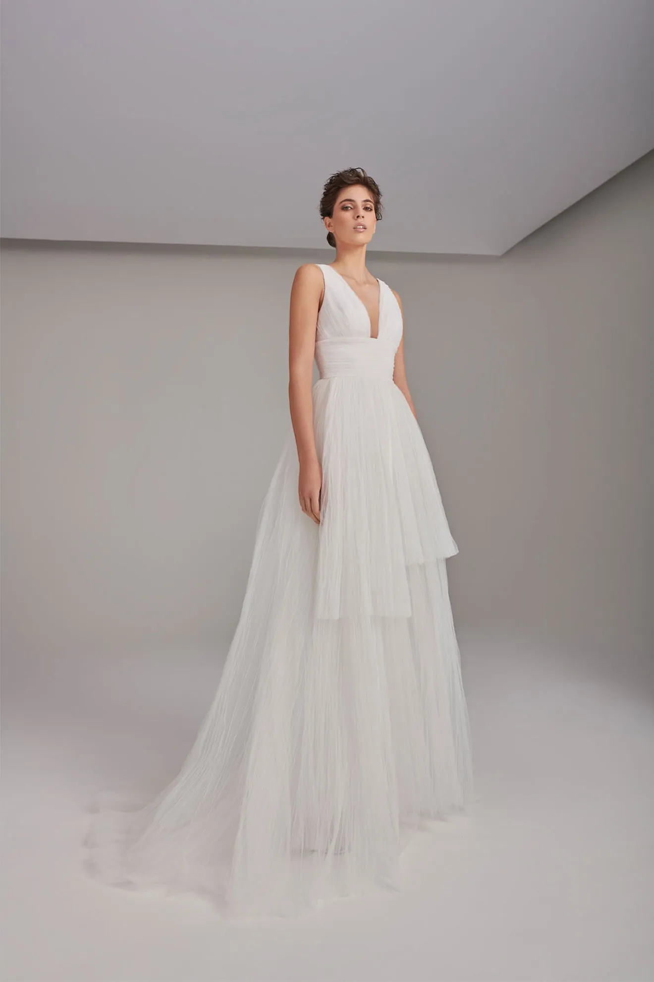 Flowy V-Neckline Layered Tulle Wedding Gown