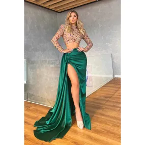 Glamorous Dramatic Long Sleeves Ruched High Side Slit Formal Party Prom Dress with Jewel