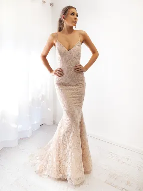 Gold lace mermaid dress with criss-cross back (sample sale)