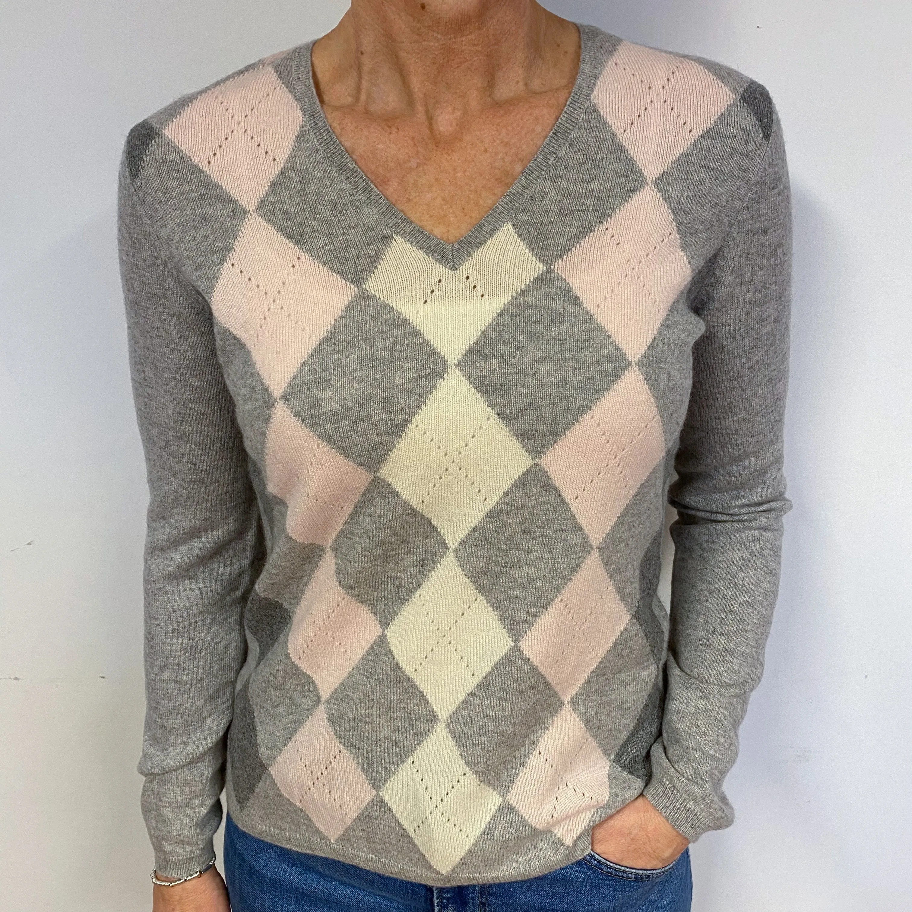Grey Diamond Cashmere V-Neck Jumper M