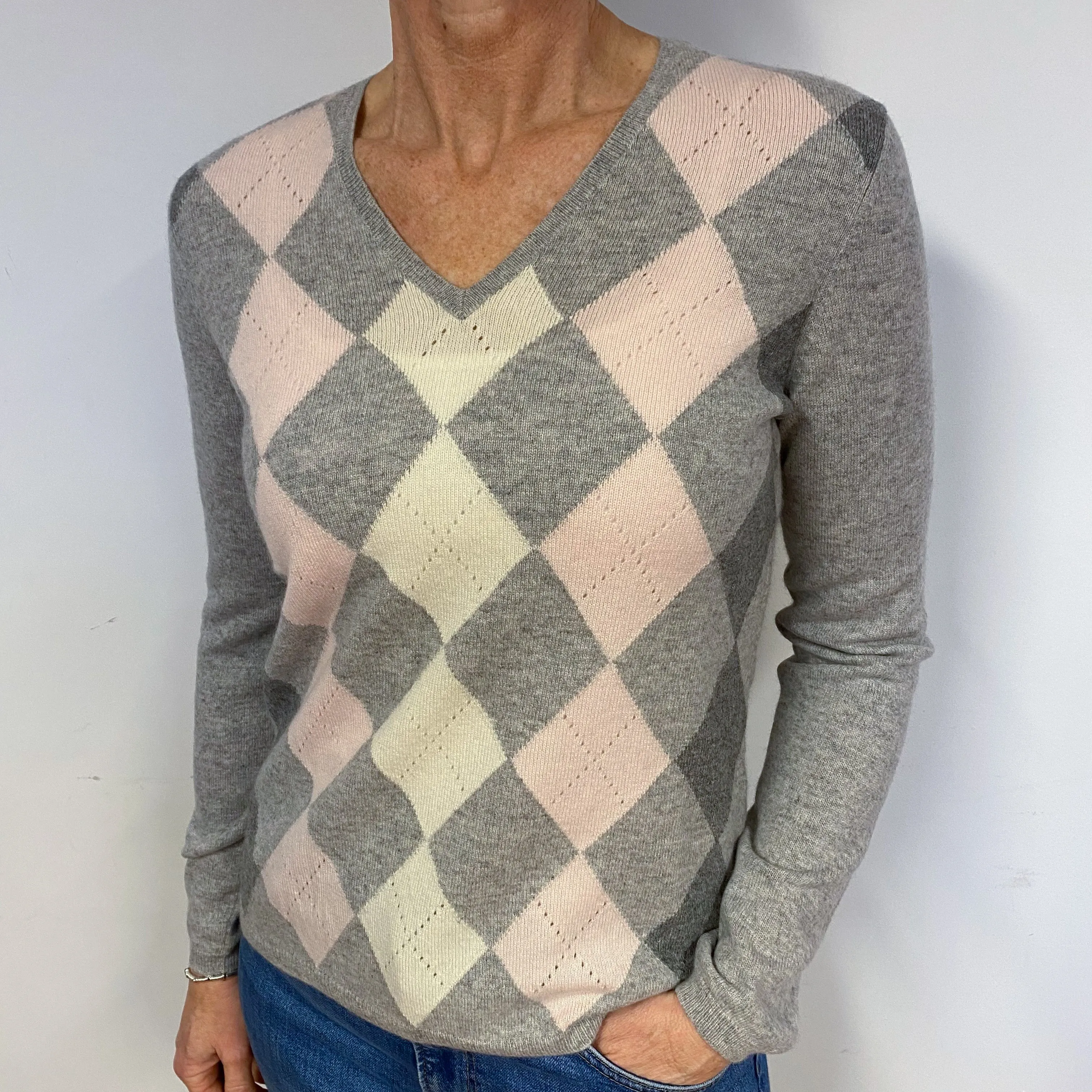 Grey Diamond Cashmere V-Neck Jumper M