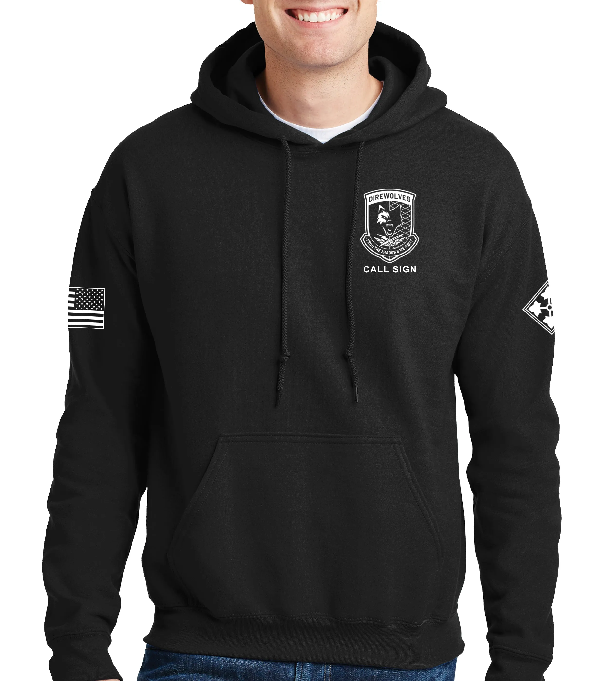Hoodie Sweatshirt. White Design. This sweatshirt is NOT approved for PT.
