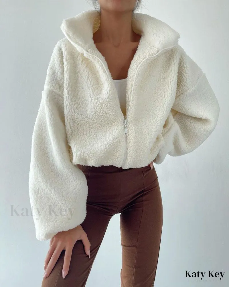 KatyKey - Chic Lantern Sleeve Drawstring Zip-Up Teddy Coat