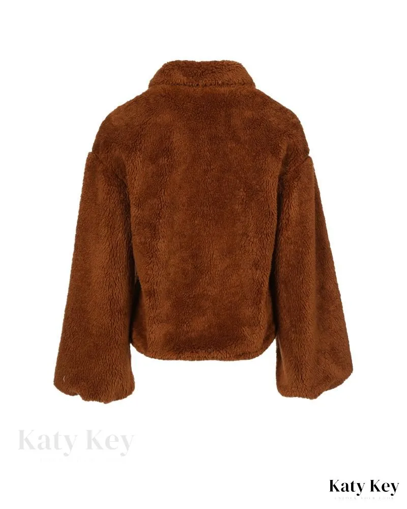KatyKey - Chic Lantern Sleeve Drawstring Zip-Up Teddy Coat