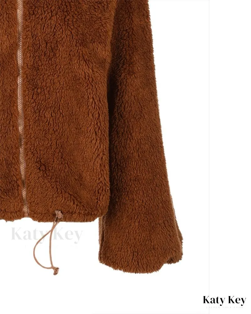KatyKey - Chic Lantern Sleeve Drawstring Zip-Up Teddy Coat