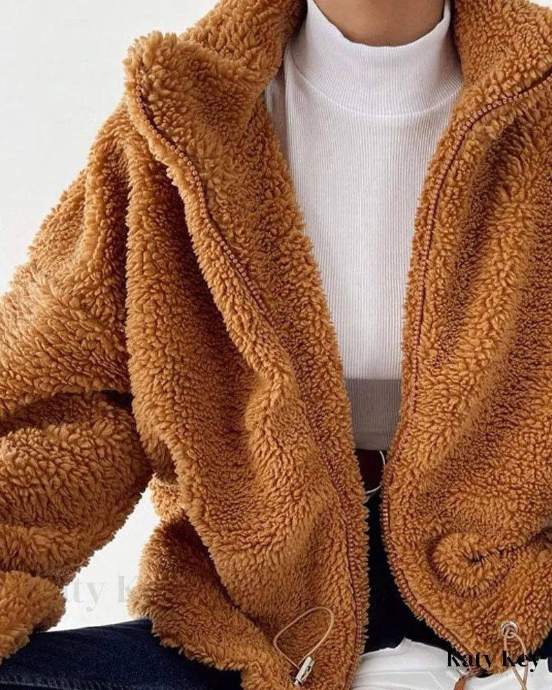 KatyKey - Chic Lantern Sleeve Drawstring Zip-Up Teddy Coat