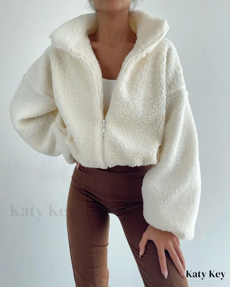 KatyKey - Chic Lantern Sleeve Drawstring Zip-Up Teddy Coat