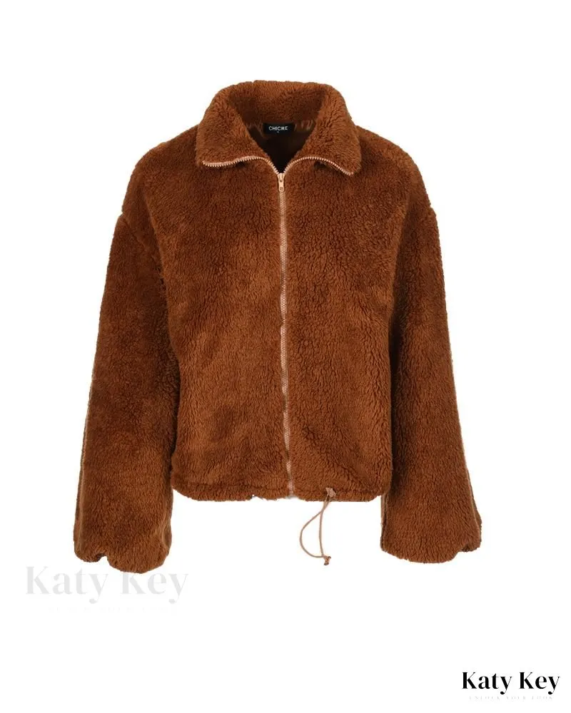 KatyKey - Chic Lantern Sleeve Drawstring Zip-Up Teddy Coat