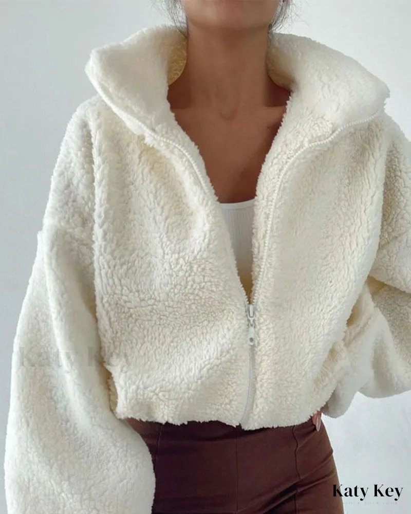 KatyKey - Chic Lantern Sleeve Drawstring Zip-Up Teddy Coat