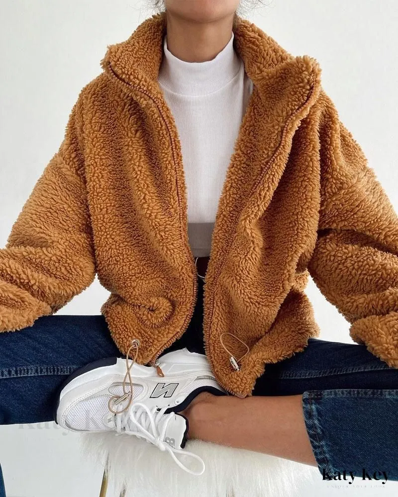 KatyKey - Chic Lantern Sleeve Drawstring Zip-Up Teddy Coat