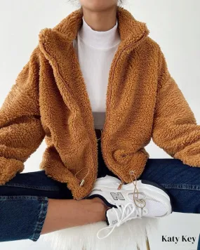 KatyKey - Chic Lantern Sleeve Drawstring Zip-Up Teddy Coat