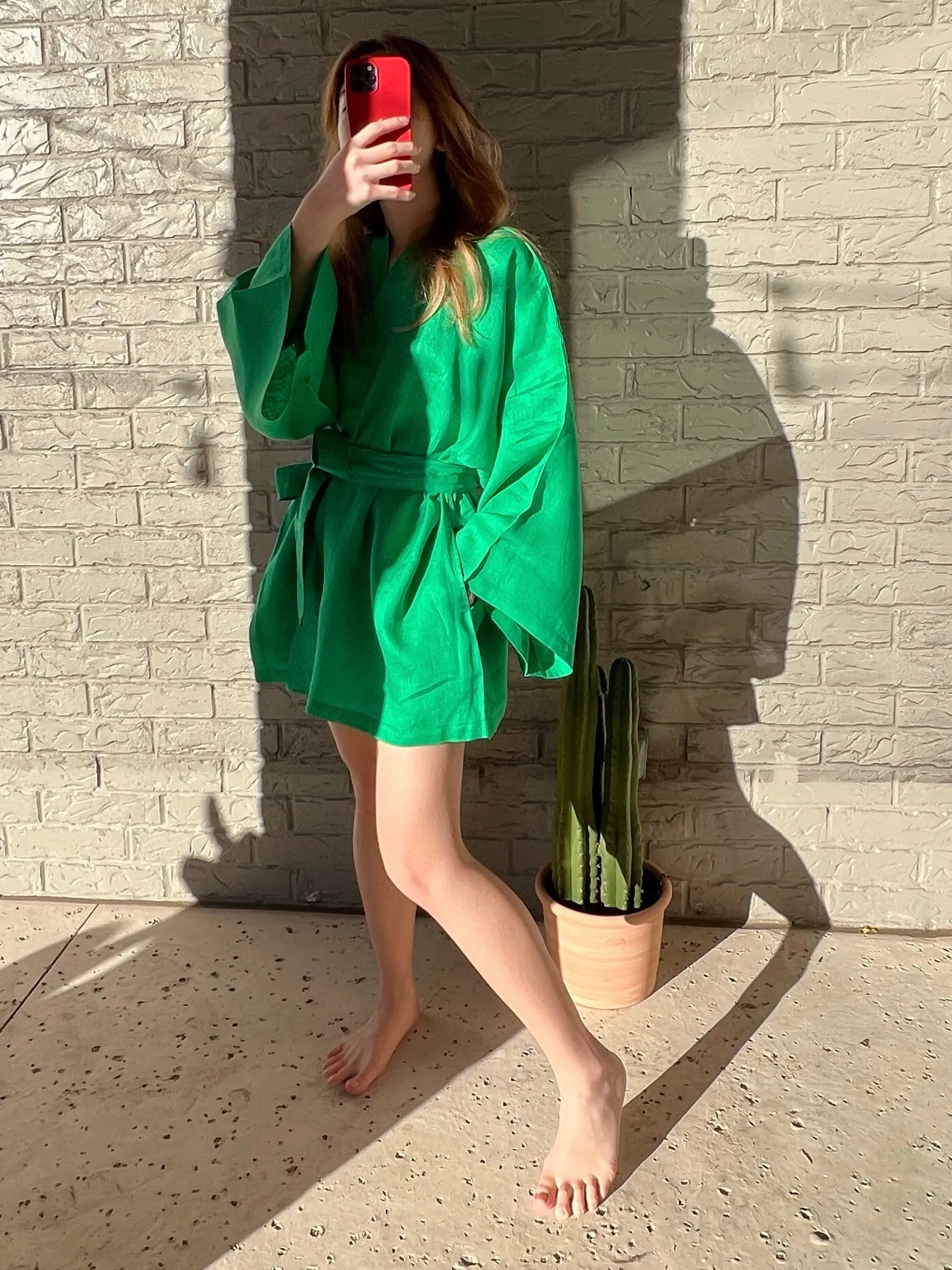 Kira Kimono Linen Wrap - Green