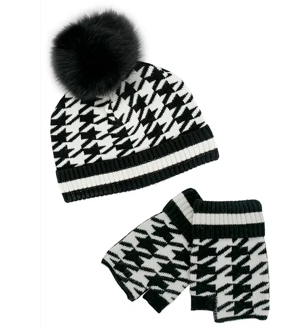 KNIT HOUNDSTOOTH FINGERLESS GLOVES