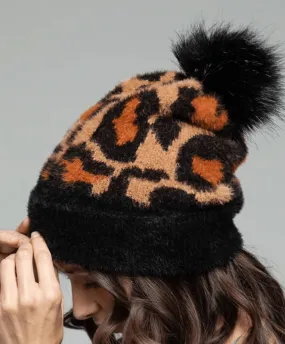 Knit Leopard Eyelash Beanie with Pom Pom 5087