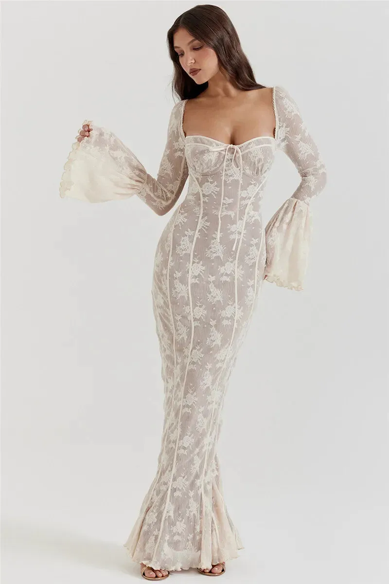 Lace Print Long Flare Sleeve Square Collar Backless Party Dress
