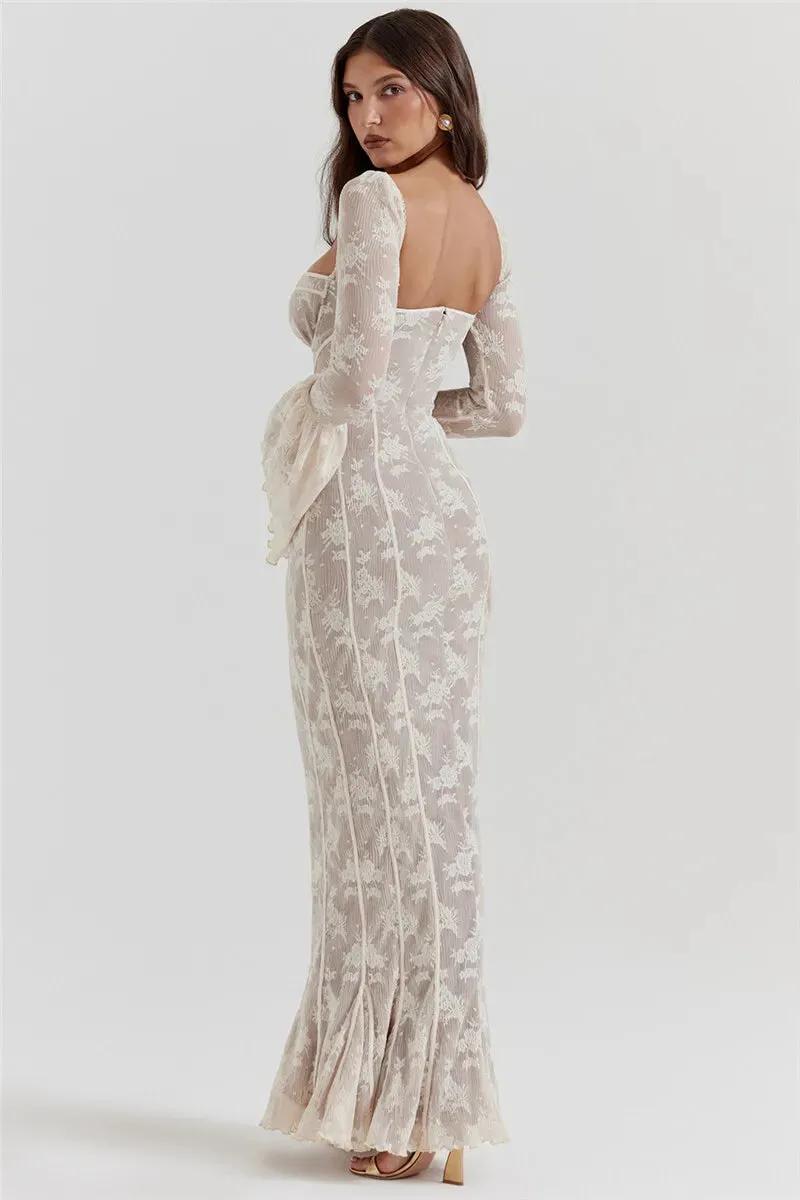 Lace Print Long Flare Sleeve Square Collar Backless Party Dress
