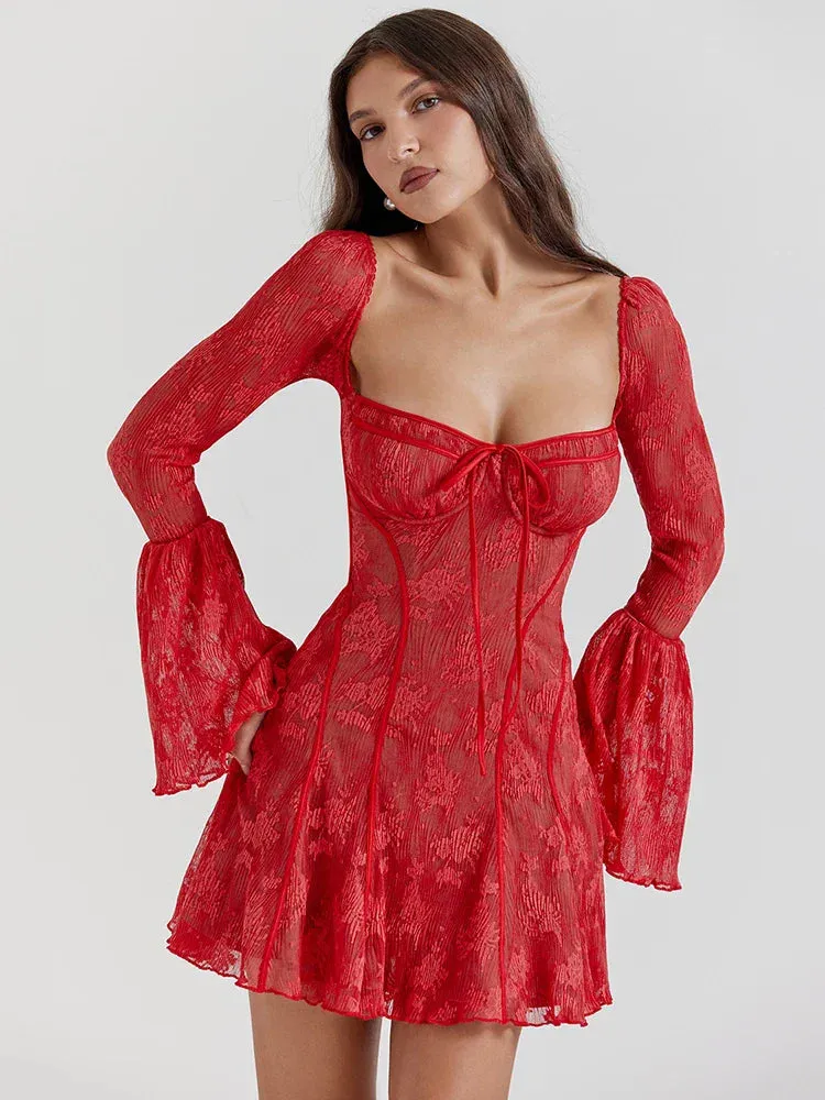 Lace Print Long Flare Sleeve Square Collar Backless Party Dress