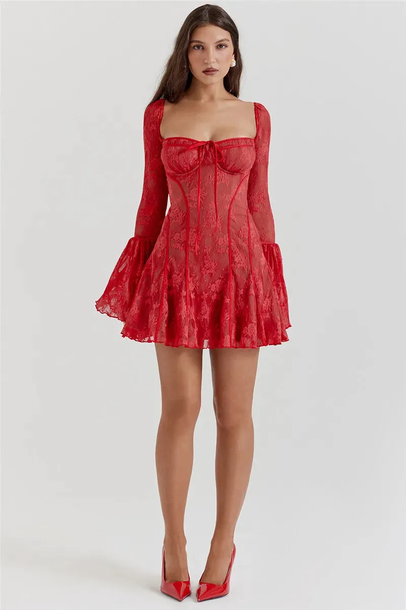 Lace Print Long Flare Sleeve Square Collar Backless Party Dress