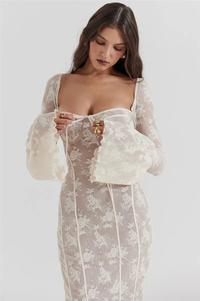 Lace Print Long Flare Sleeve Square Collar Backless Party Dress