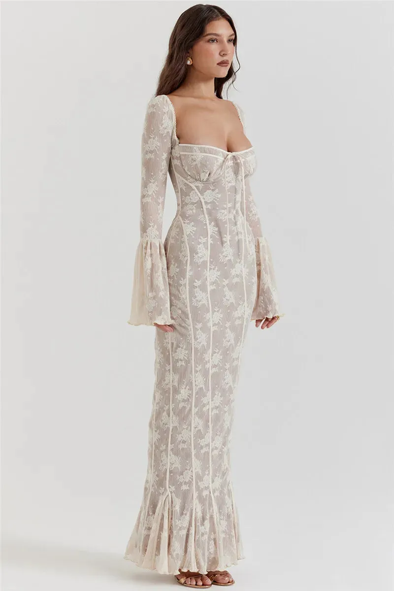 Lace Print Long Flare Sleeve Square Collar Backless Party Dress