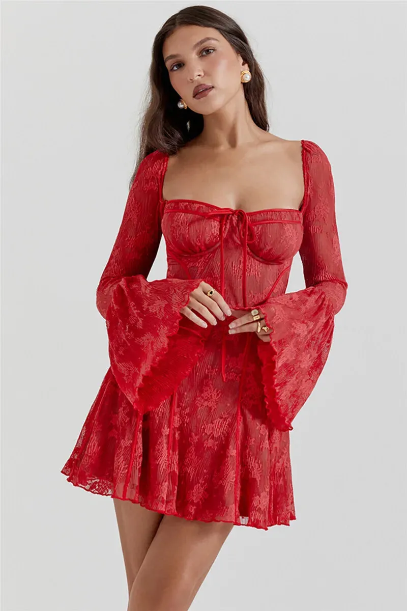 Lace Print Long Flare Sleeve Square Collar Backless Party Dress