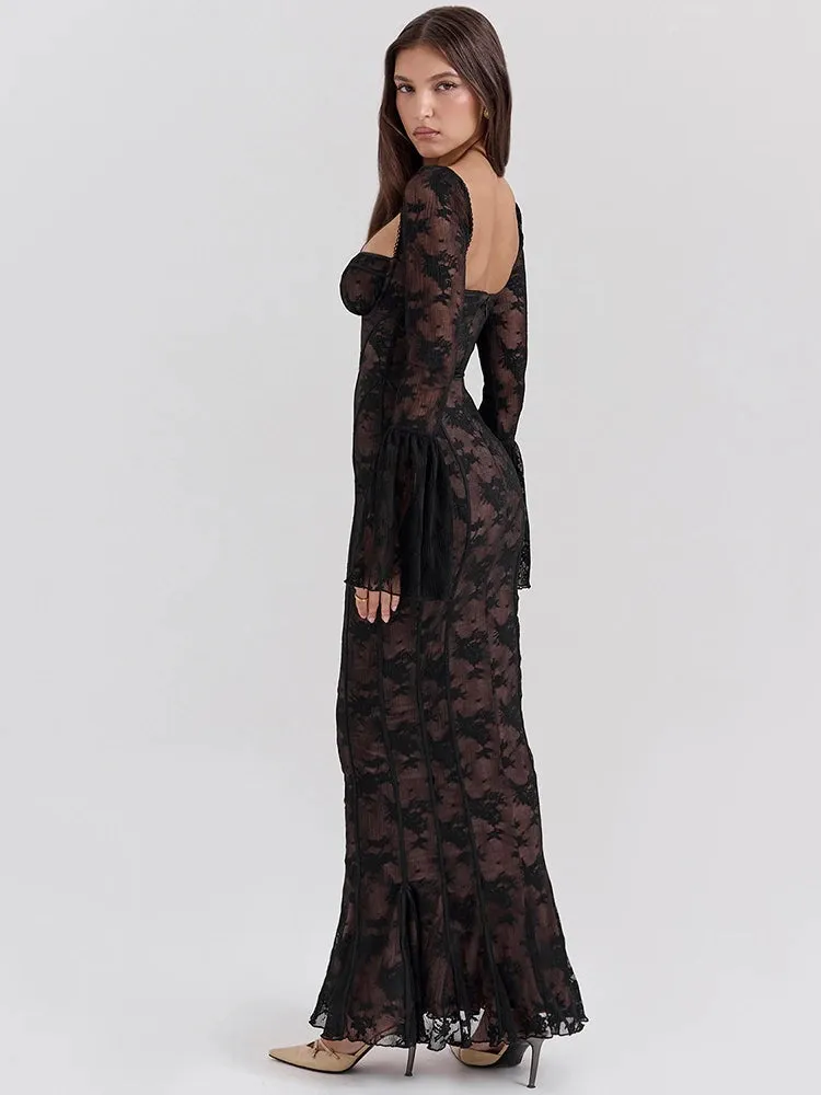 Lace Print Long Flare Sleeve Square Collar Backless Party Dress