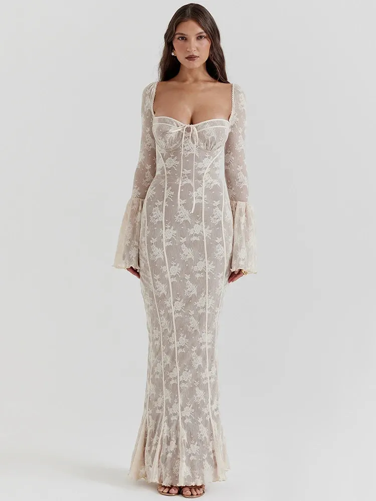 Lace Print Long Flare Sleeve Square Collar Backless Party Dress