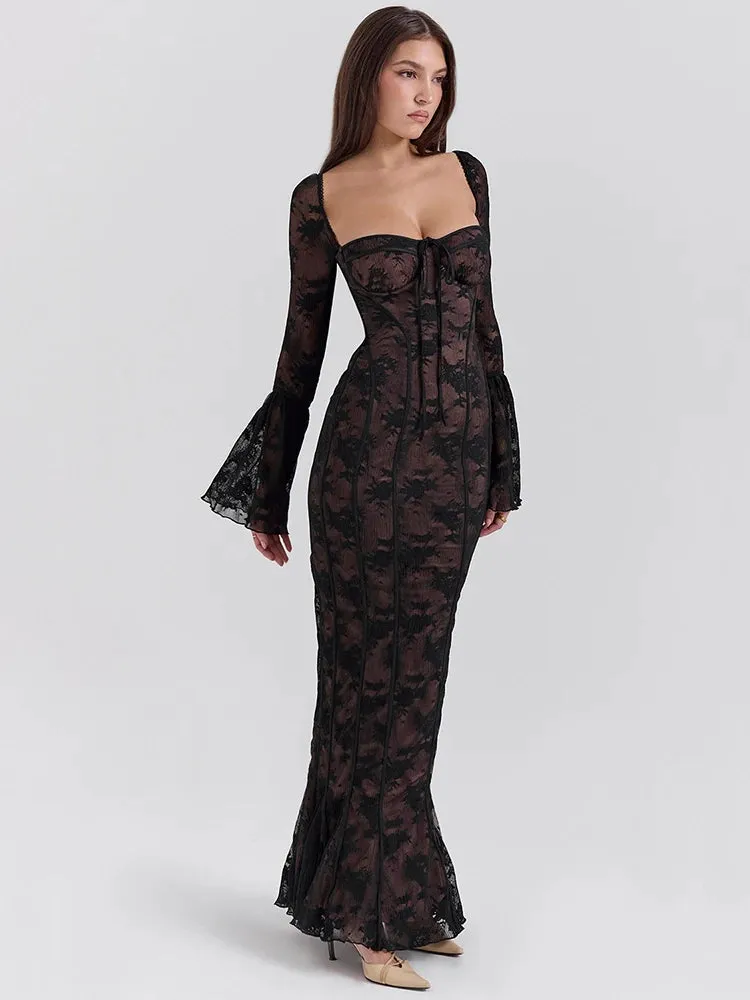 Lace Print Long Flare Sleeve Square Collar Backless Party Dress