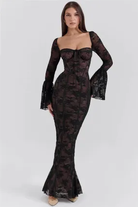 Lace Print Long Flare Sleeve Square Collar Backless Party Dress