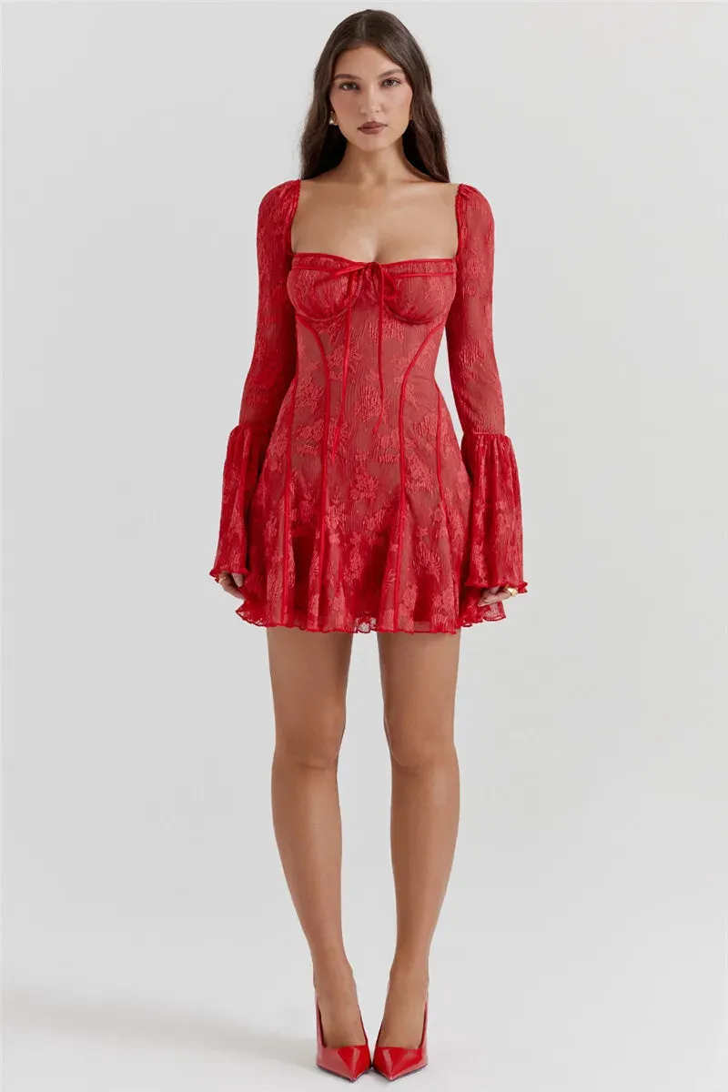 Lace Print Long Flare Sleeve Square Collar Backless Party Dress