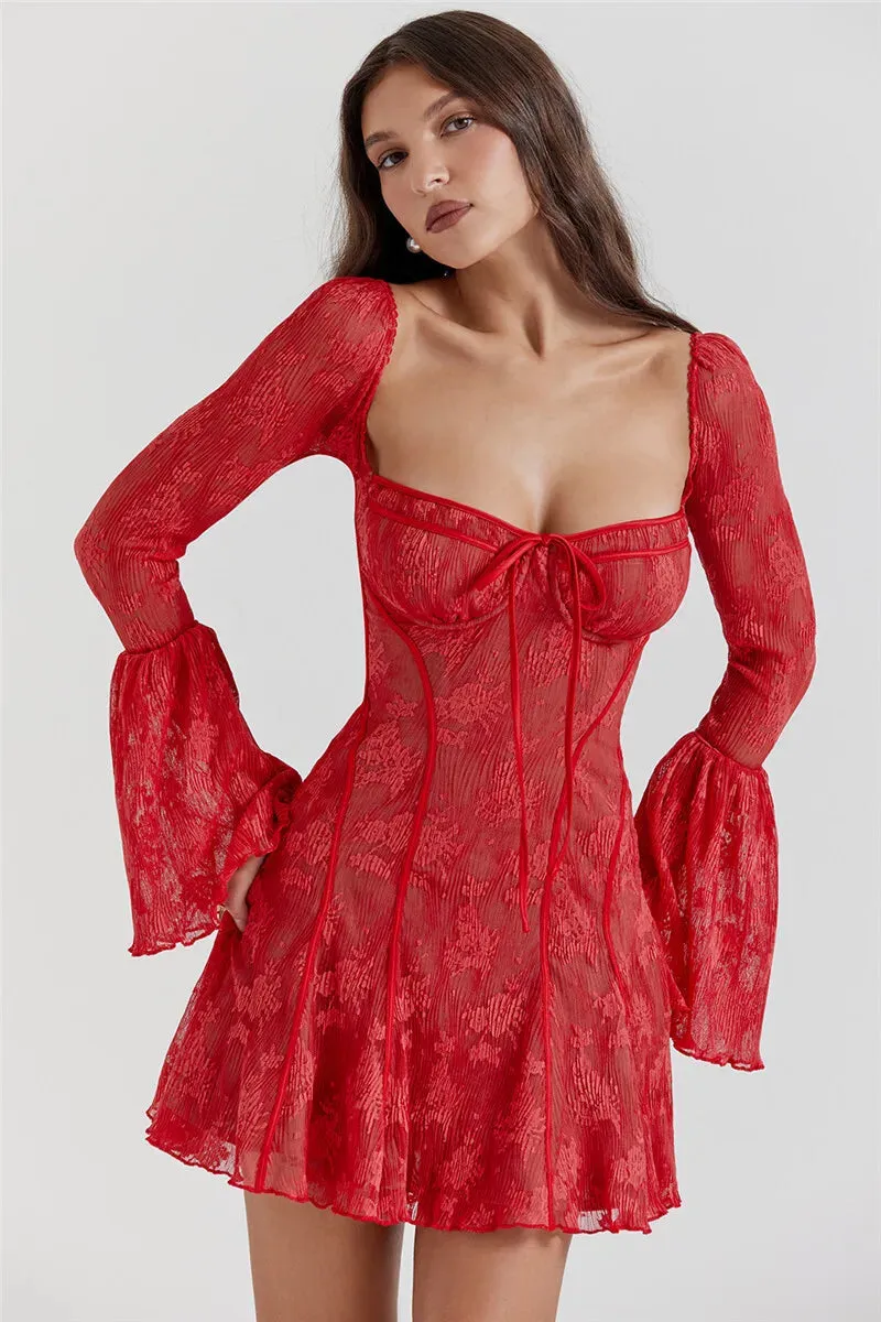 Lace Print Long Flare Sleeve Square Collar Backless Party Dress