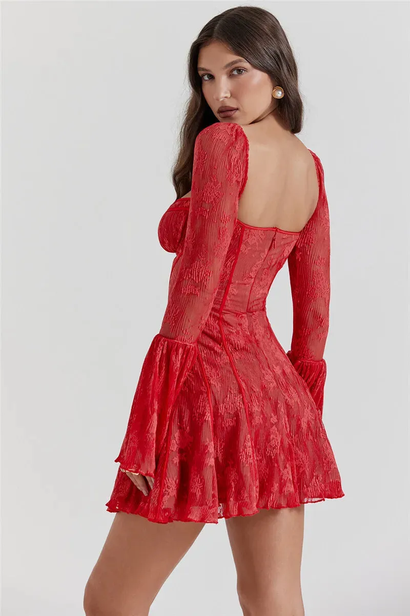 Lace Print Long Flare Sleeve Square Collar Backless Party Dress