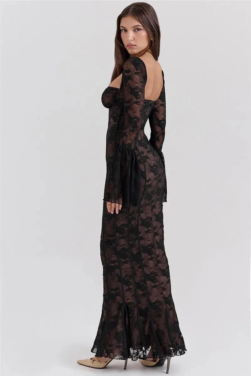 Lace Print Long Flare Sleeve Square Collar Backless Party Dress