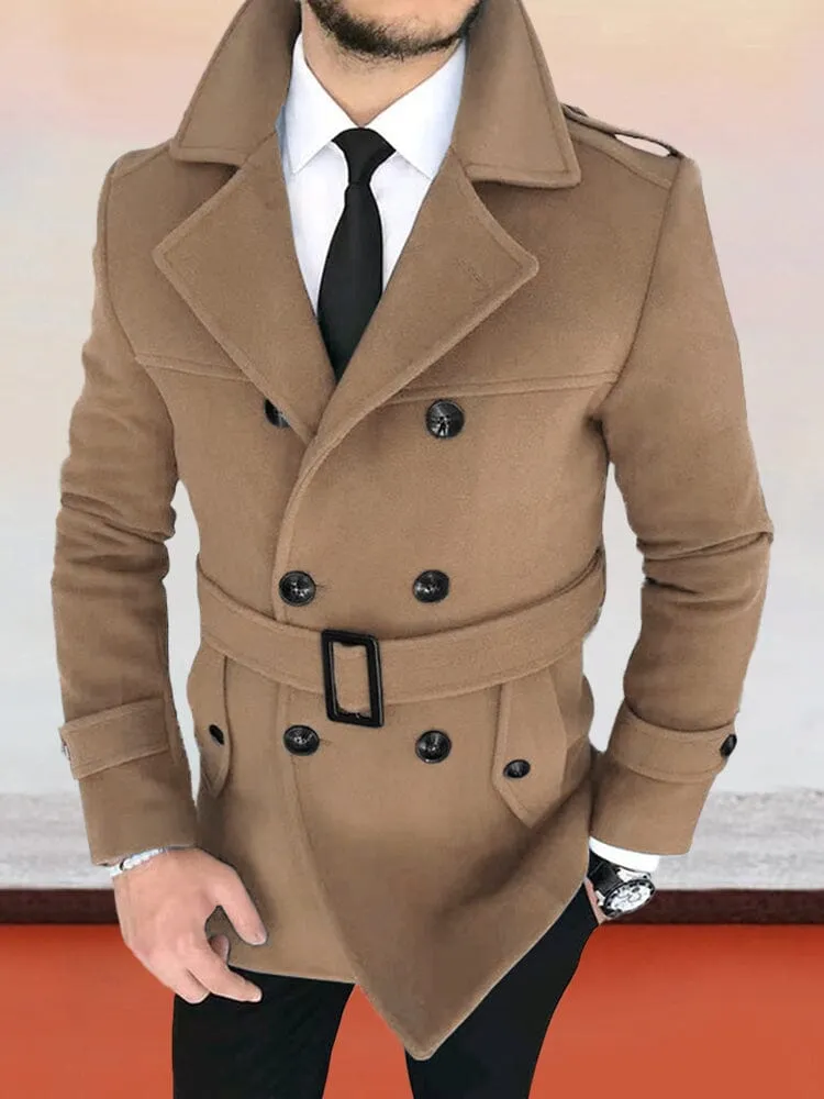 Lapel Double-breasted Tweed Coat With Belt